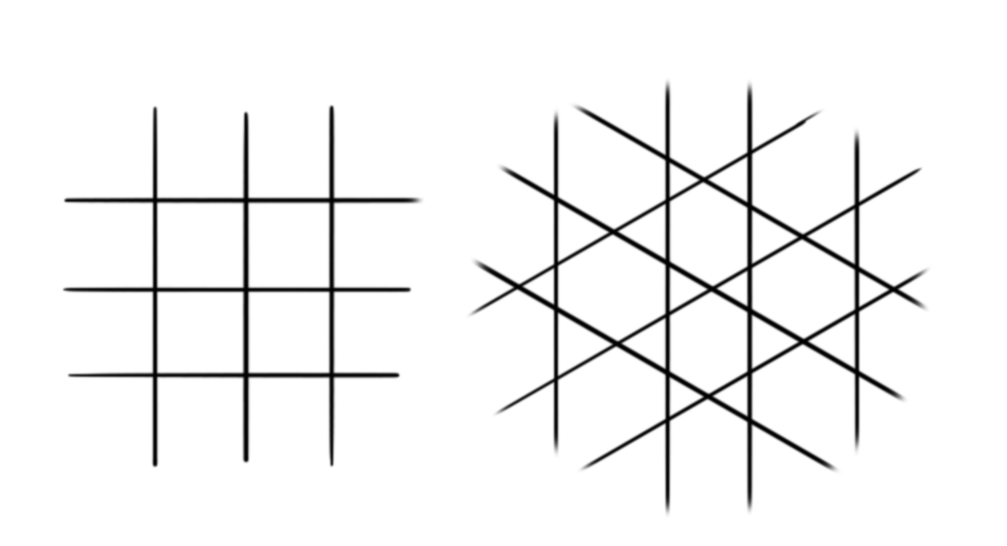 two models for weaving. On the left a square grid, on the right a set of 3 parralel lines which form hexagons and triangles.